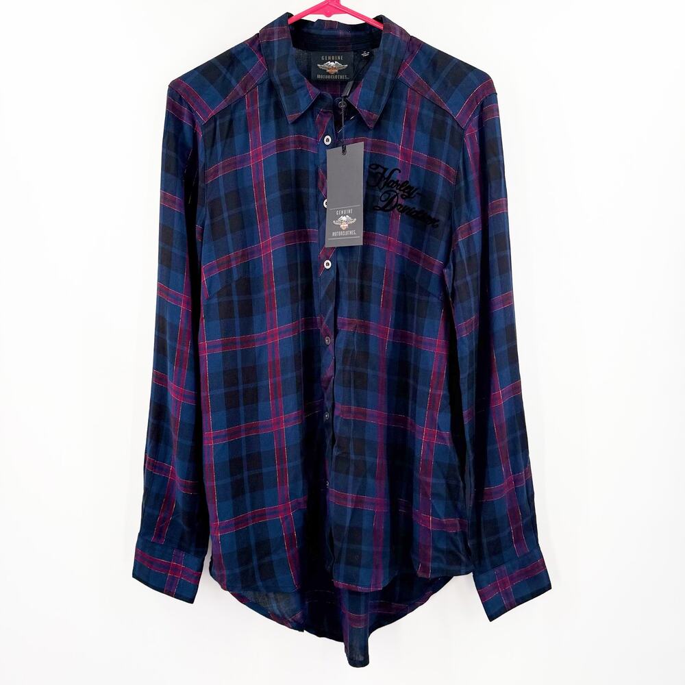 HARLEY DAVIDSON Shirt Medium Womens Flocked Roses Plaid Motorcycle Button NWT